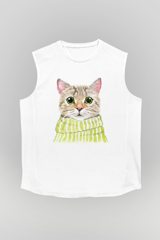 Şaşkın Kedi Baskılı Unisex Beyaz  Kolsuz Tişört