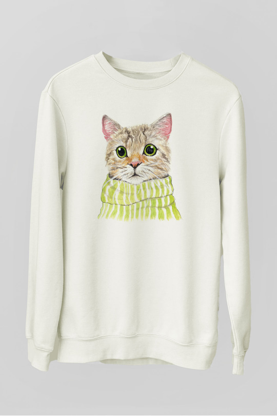 Şaşkın Kedi Baskılı Unisex Beyaz  Sweatshirt