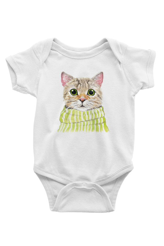 Şaşkın Kedi BaskılıBeyaz Tshirt Bebek Body - Zıbın
