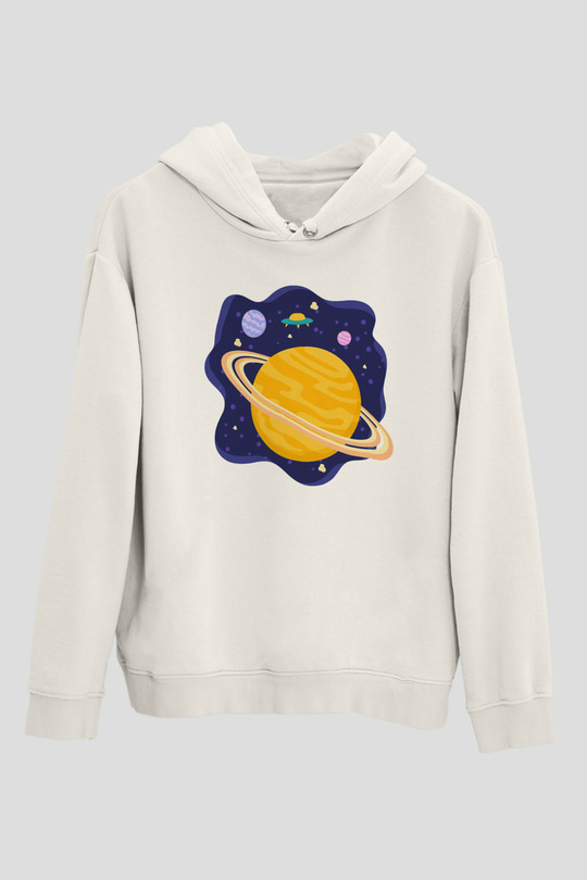 Satürn Beyaz Unisex Kapşonlu Sweatshirt
