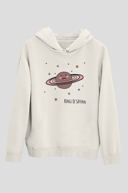 Satürn Beyaz Unisex Kapşonlu Sweatshirt