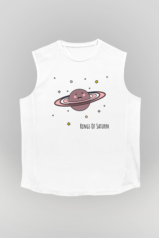 Satürn Beyaz Unisex Kolsuz Tişört