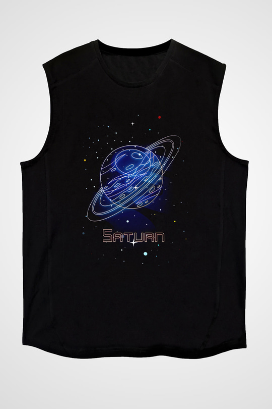 Satürn Çizim Baskılı Unisex Kolsuz Siyah Tişört - Tshirt
