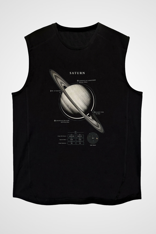 Satürn Fiziksel Özellikleri Baskılı Unisex Kolsuz Siyah Tişört - Tshirt