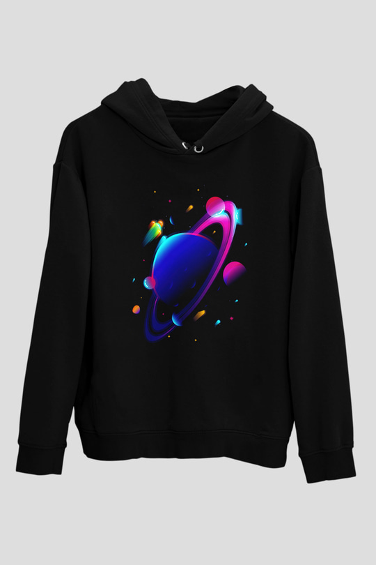 Satürn Siyah Unisex Hoodie