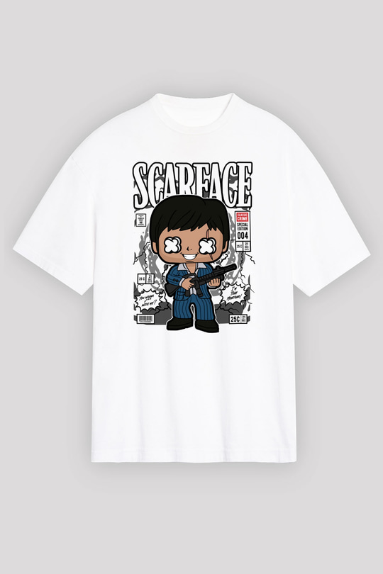 Scarface Baskılı Unisex Beyaz Oversize Tişört