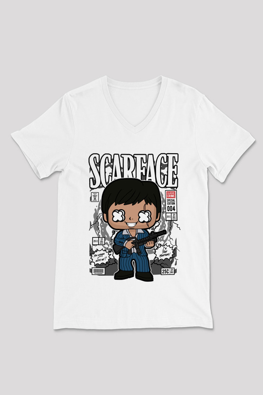 Scarface Baskılı Unisex Beyaz V Yaka Tişört