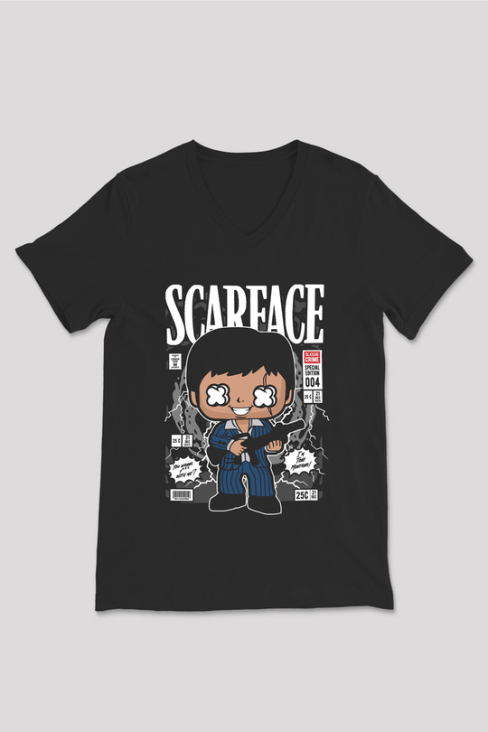 Scarface Tony Montana Baskılı Unisex Siyah V Yaka Tişört