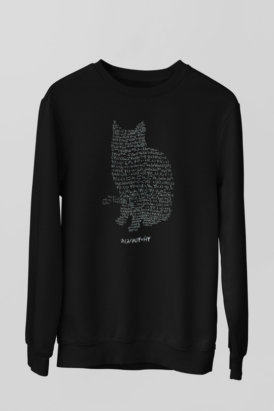 Schrödinger Dalga Denklemi Kedi Baskılı Unisex Siyah Sweatshirt