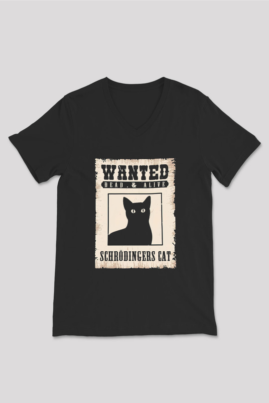 Schrödinger'in Kedisi Aranıyor İlan Baskılı Unisex V Yaka Siyah Tİşört - Tshirt
