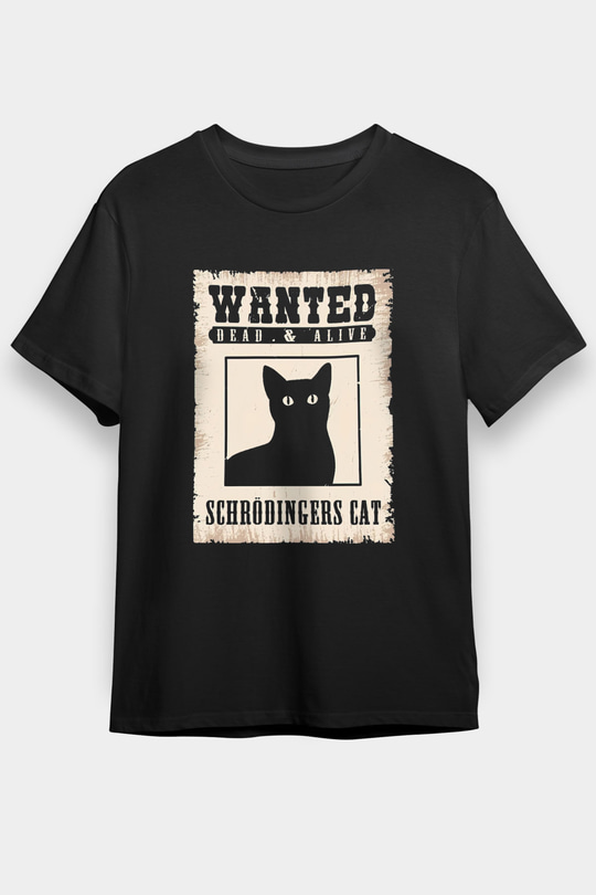Schrödinger'in Kedisi Aranıyor İlan Baskılı Unisex Siyah Tişört - Tshirt