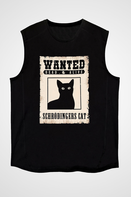 Schrödinger'in Kedisi Aranıyor İlan Baskılı Unisex Kolsuz Siyah Tişört - Tshirt
