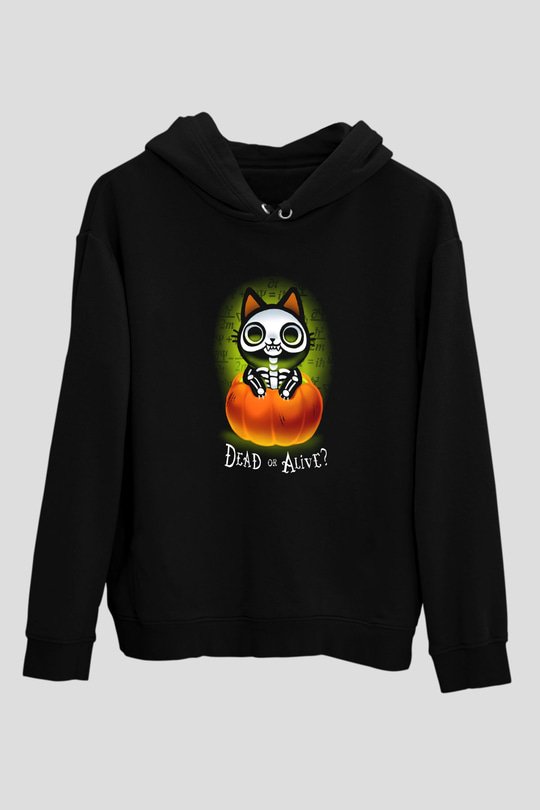 Schrödinger'in Kedisi Balkabağı Baskılı Unisex Siyah Kapüşonlu Sweatshirt