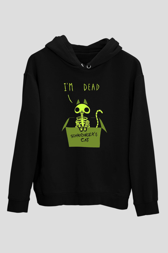 Schrödinger'in Kedisi İskelet Baskılı Unisex Siyah Kapüşonlu Sweatshirt