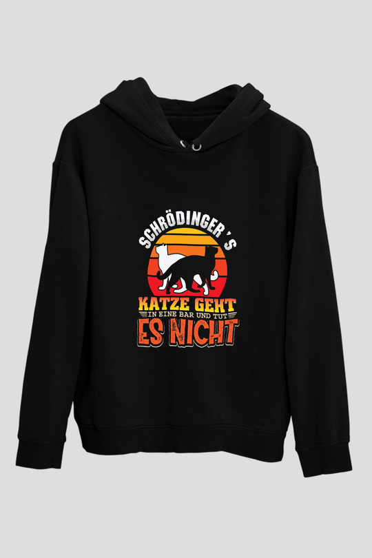 Schrödinger'in Kedisi Renkli Baskılı Unisex Siyah Kapüşonlu Sweatshirt