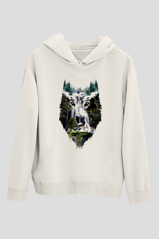 Şelale ve KurtBeyaz  Unisex Hoodie