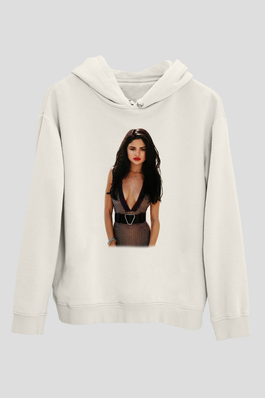 Selena Gomez Beyaz Unisex Kapşonlu Sweatshirt