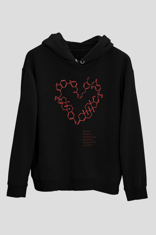 Seratonin Dopamin Bağ Yapıları Kalp Baskılı Unisex Siyah Hoodie
