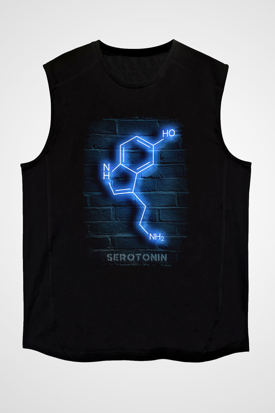 Seratonin Molekülü Neon Baskılı Unisex Kolsuz Siyah Tişört - Tshirt