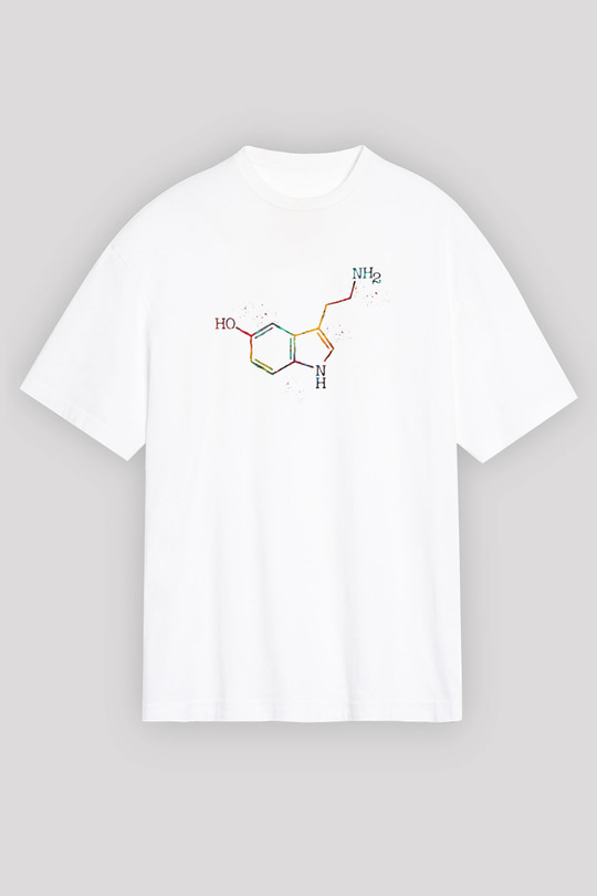 Serotonin Molekülü Baskılı Unisex Oversize Beyaz Tişört - Tshirt