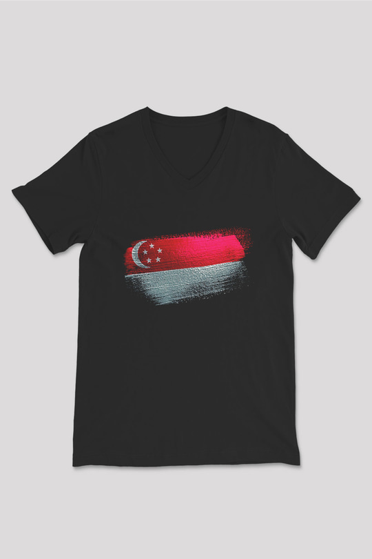 Singapur - Singapore Bayrağı Baskılı Unisex Siyah V Yaka Tişört