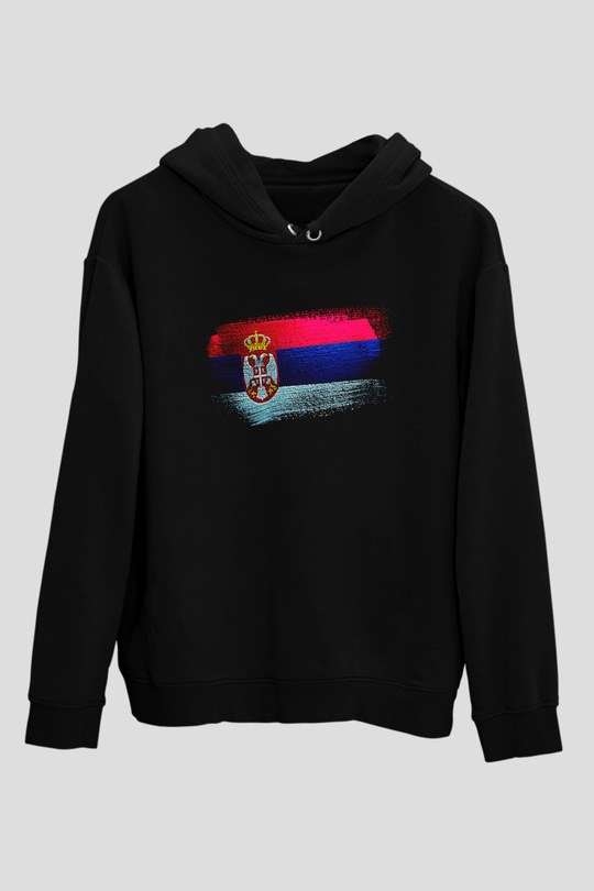 Sırbistan - Serbia Bayrağı Baskılı Unisex Siyah Kapüşonlu Sweatshirt