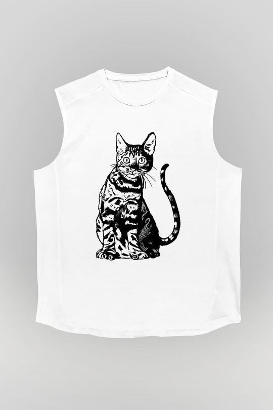 Siyah Kedi Baskılı Unisex Beyaz  Kolsuz Tişört