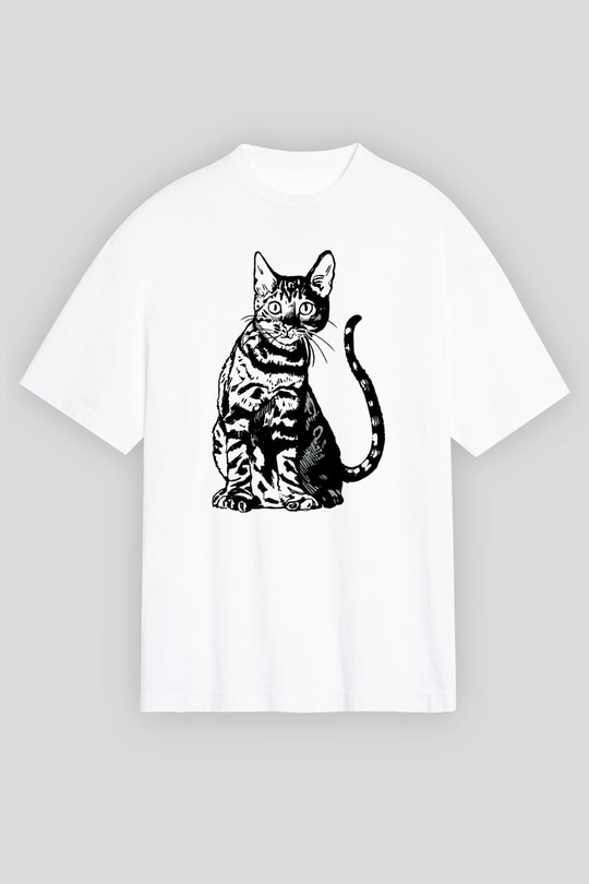 Siyah Kedi Baskılı Unisex Beyaz Tişört
