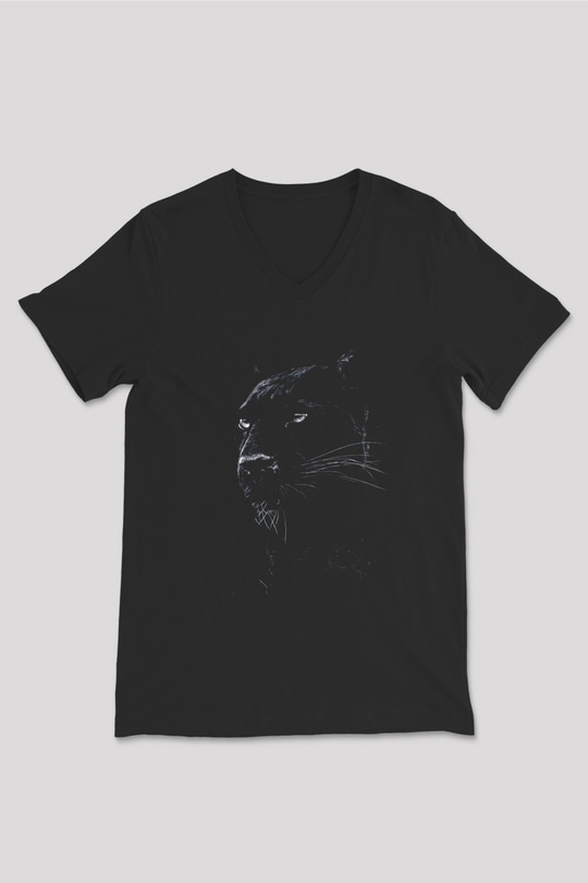 Siyah Panter Baskılı Unisex Siyah  V Yaka Tişört