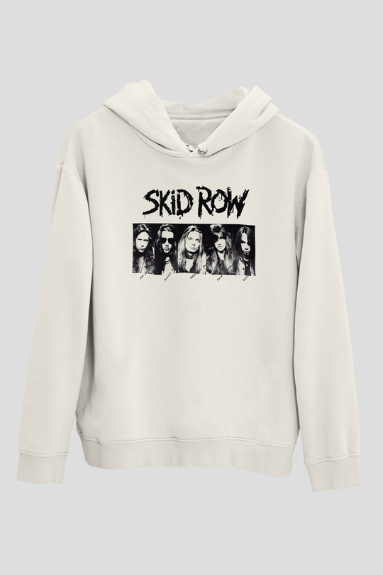Skid Row Baskılı Beyaz Unisex Kapüşonlu Sweatshirt