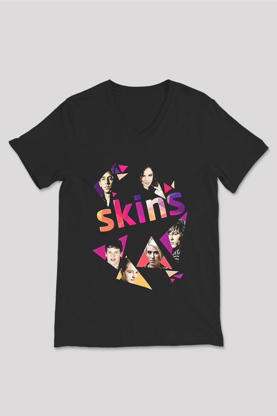 Skins Baskılı Unisex Siyah V Yaka Tişört - Tshirt
