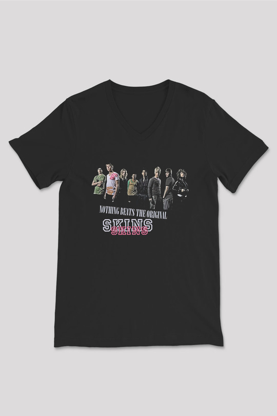 Skins Baskılı Unisex Siyah V Yaka Tişört - Tshirt