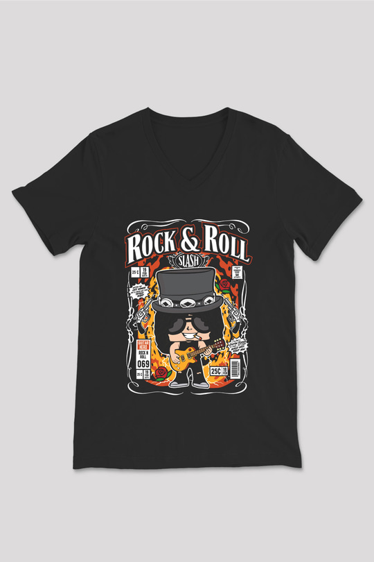 Slash Baskılı Unisex Siyah V Yaka Tişört