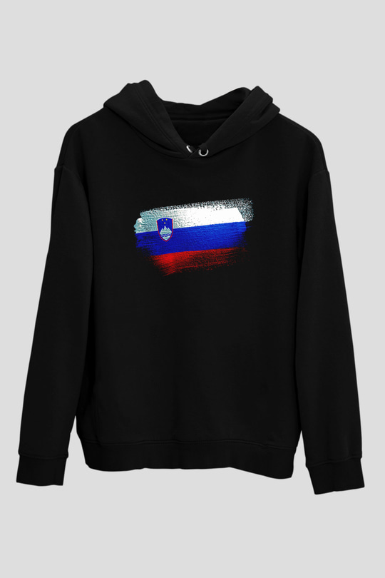 Slovenya - Slovenia Bayrağı Baskılı Unisex Siyah Kapüşonlu Sweatshirt