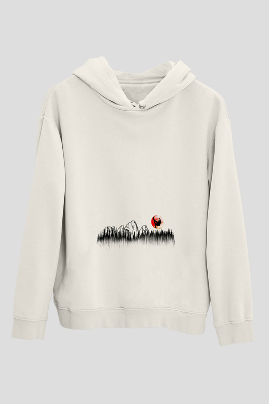 Snowboarding Baskılı Unisex Ekru Hoodie