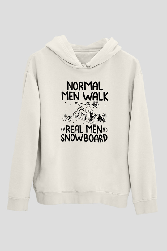 Snowboarding Baskılı Unisex Ekru Hoodie