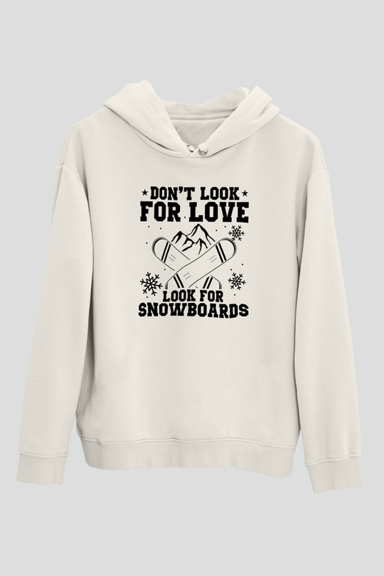 Snowboarding Baskılı Unisex Ekru Hoodie