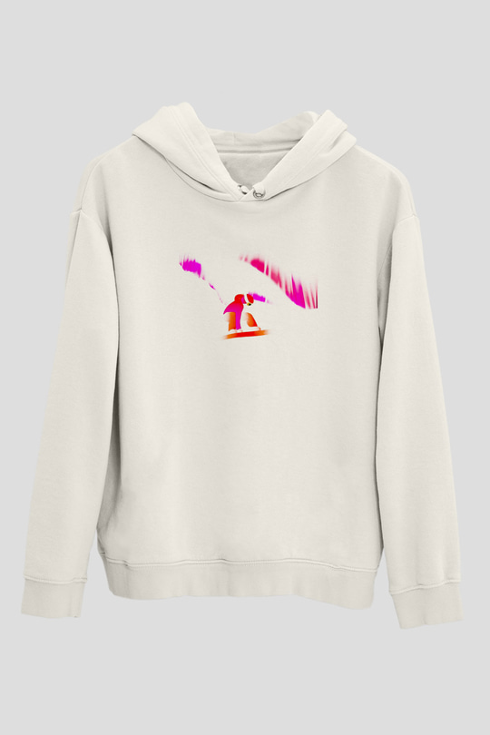 Snowboarding Baskılı Unisex Ekru Hoodie