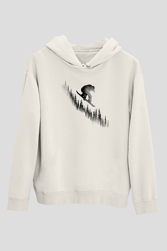 Snowboarding Baskılı Unisex Ekru Hoodie