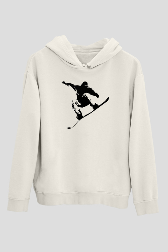 Snowboarding Baskılı Unisex Ekru Hoodie