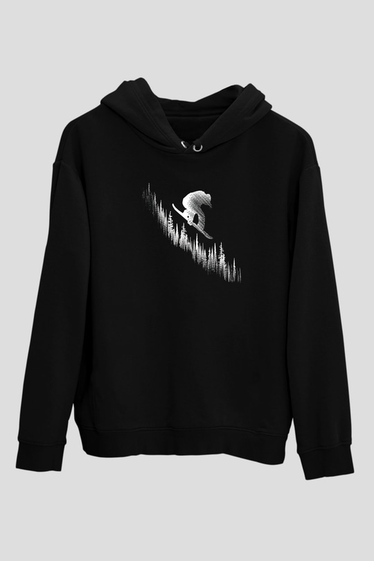 Snowboarding Baskılı Unisex Siyah Kapüşonlu Sweatshirt