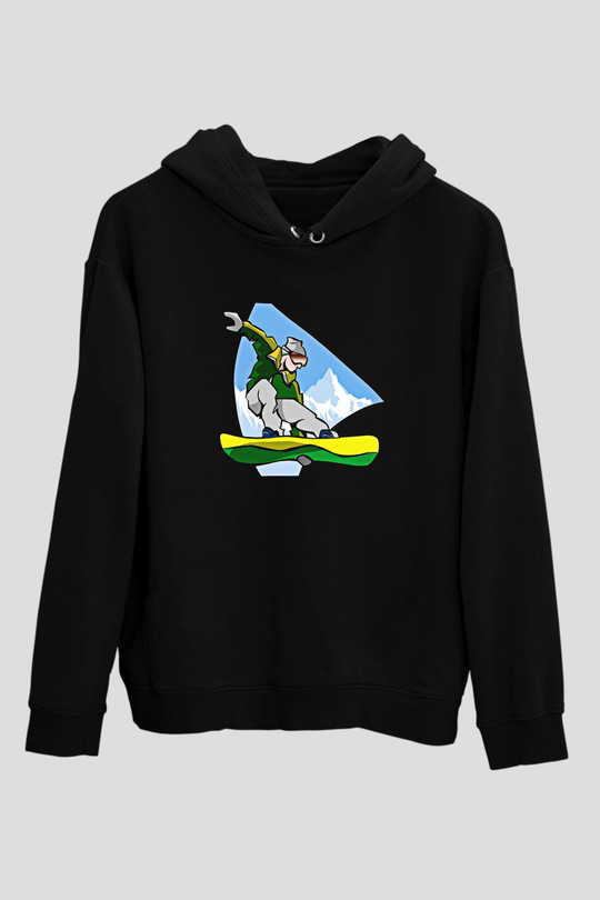 Snowboarding Baskılı Unisex Siyah Kapüşonlu Sweatshirt