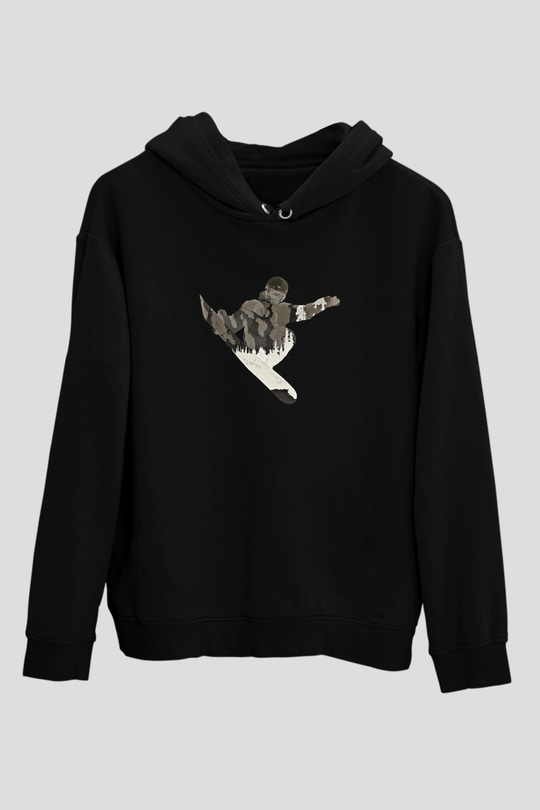 Snowboarding Baskılı Unisex Siyah Kapüşonlu Sweatshirt