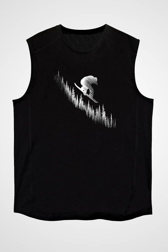 Snowboarding Baskılı Unisex Siyah Kolsuz Tişört