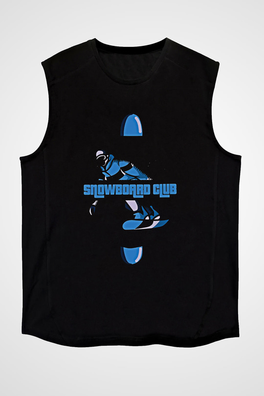Snowboarding Baskılı Unisex Siyah Kolsuz Tişört