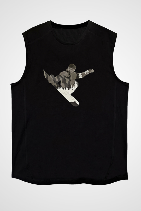 Snowboarding Baskılı Unisex Siyah Kolsuz Tişört