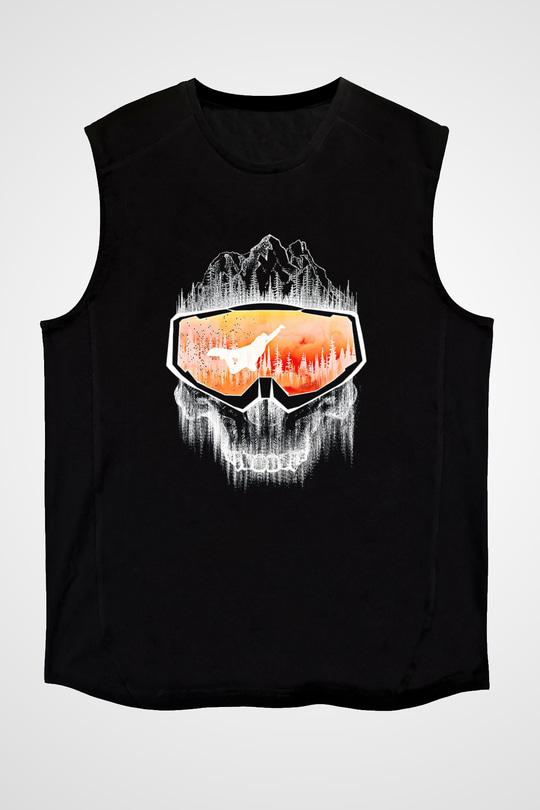 Snowboarding Baskılı Unisex Siyah Kolsuz Tişört