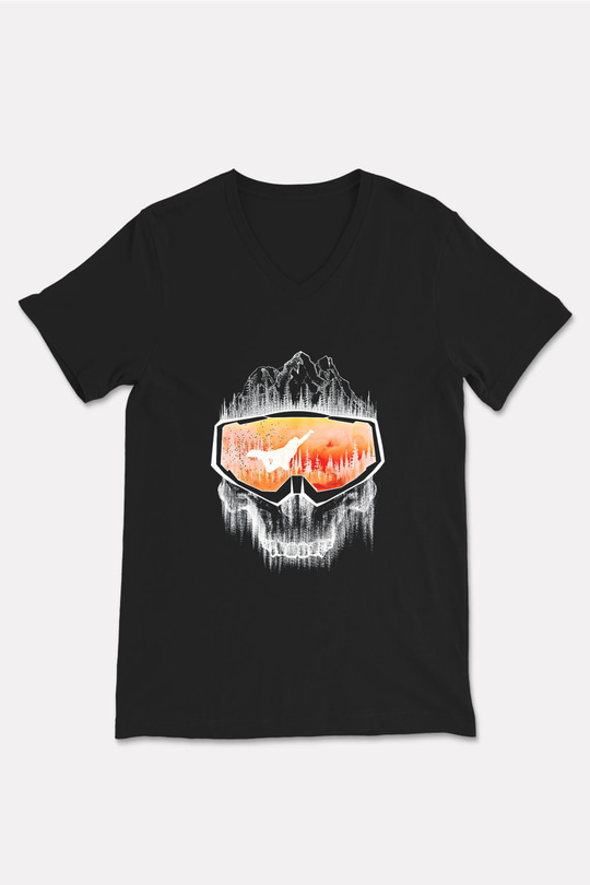 Snowboarding Baskılı Unisex Siyah V Yaka Tişört