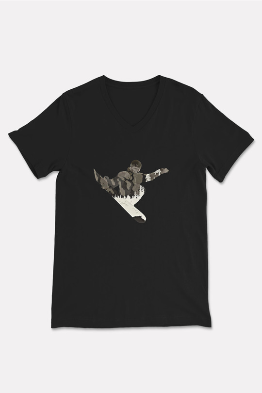 Snowboarding Baskılı Unisex Siyah V Yaka Tişört