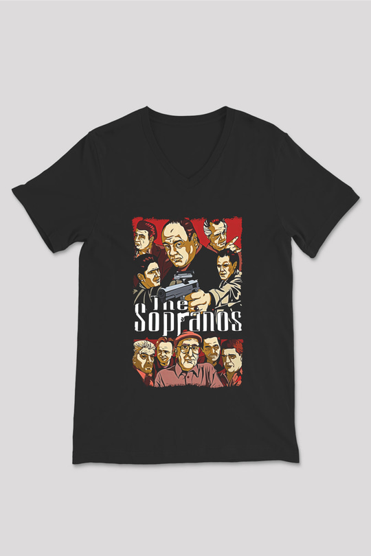 Sopranos Baskılı Unisex Siyah V Yaka Tişört - Tshirt